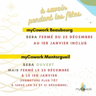 ⏰🌲 Petites infos pratiques à savoir pendant les fêtes... 
Beaubourg sera fermé au public du 23 décembre au 1er janvier inclus, mais vous pourrez venir travailler à Montorgueil qui reste ouvert hormis les jours fériés (et ferme plus tôt la veille de Noël et du jour de l'an!) 😊 
On vous retrouvera à Beaubourg dès le 2 janvier 2025 !

#mycowork #coworking #coworkingparis